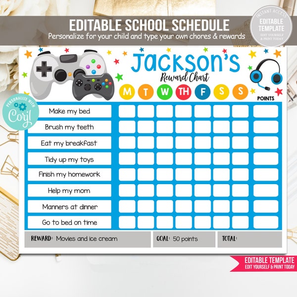 Editable Video Game Reward Chart Video Games Reward for Kids Routine Chart Kids Responsibility Chore PRINTABLE DOWNLOAD Corjl Template