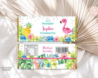 May include: A pink flamingo with a white background and tropical leaves. The text "Let's Flamingle! Sophia is turning One" is on the top of the image. The bottom of the image has a nutrition facts label with the text "Thank you for coming" and "Happy Birthday".