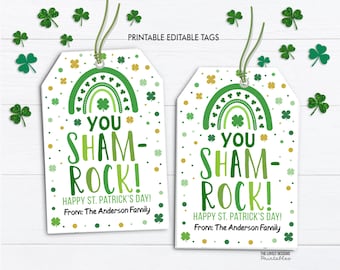Etiqueta de trébol para el Día de San Patricio, etiqueta de agradecimiento, regalo de agradecimiento, etiqueta de recuerdo, plantilla editable para profesores, enfermeras, empleados y escuelas.