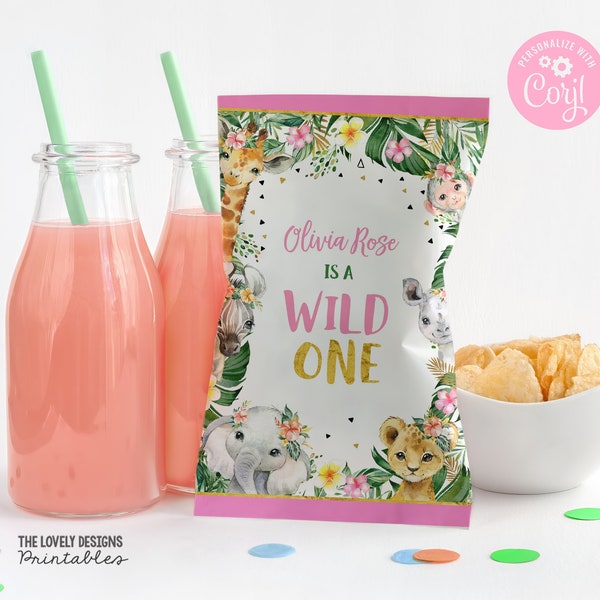 EDITABLE Wild One Chip Bag Wrapper Jungle Girl 1st Birthday Party Chip Bag Favors Safari Animals Party Favors Bags Snacks PRINTABLE DOWNLOAD