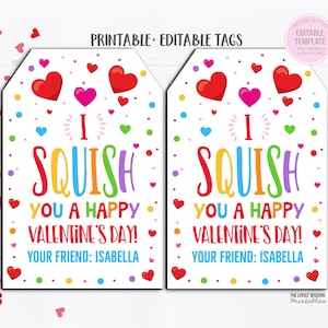 I Squish You Happy Valentine&#39;s Day Squishies Gift Tag Squeeze Squishee Squishie Valentine&#39;s Day Toy Kids Classroom EditableTemplate