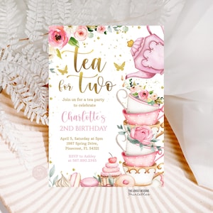 Editable Tea for Two Birthday Party Invitation, Tea Party 2nd Birthday Invitation Pink Gold Floral Teapot Par-tea Invite Template Download
