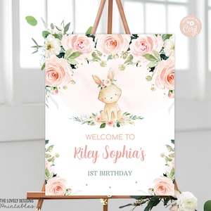 EDITABLE Bunny Birthday Welcome Sign Bunny Party Sign Bunny Easter Floral Pink Sign Bunny Birthday Some Bunny is One PRINTABLE DOWNLOAD BPF4