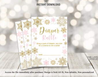 Biglietti per la lotteria dei pannolini invernali Fiocchi di neve invernali Etichette rosa e oro per baby shower invernali Attività stampabili per baby shower invernali DOWNLOAD IMMEDIATO