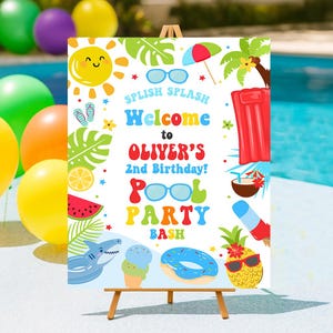 May include: A wooden easel displays a colorful "Pool Party Bash" sign. The sign features a smiling sun, sunglasses, and tropical illustrations. Text reads "Welcome to Oliver's 2nd Birthday!" with images of a shark, ice cream, and a donut.