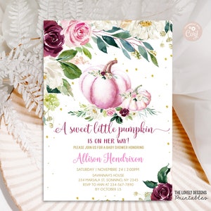 Uitnodiging babyshower pompoen: bloemen herfstmeisje (afdrukbare download)