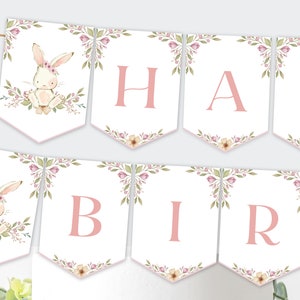 Bunny Happy Birthday Banner Bunny Bunting Banner Easter Bunny Pink Floral Spring Rabbit Girl Bunny Decor DIY INSTANT DOWNLOAD SBF7