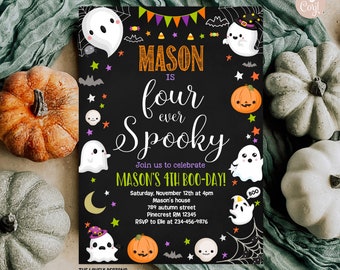 May include: A black chalkboard style invitation with a ghost and pumpkin theme. The text reads "Mason is four ever spooky. Join us to celebrate Mason's 4th Boo-Day! Saturday, November 12th at 4pm. Mason's house. 789 autumn street. Pinecrest RM 12345. RSVP to Elle at 234-456-9876."