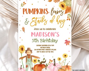 EDITABLE Pumpkin Scarecrow Invitation Pink Pumpkin Birthday Fall Sunflowers Invite Pumpkin Patch Party Thanksgiving PRINTABLE DOWNLOAD PSP6