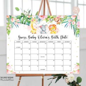 EDITIERBAR Dschungel Baby Due Date Kalender Ratet mal Babys Geburtstag Spiel Prediction Girl Safari Wild Baby Ankunft Dusche DRUCKBARE DOWNLOAD JWA8