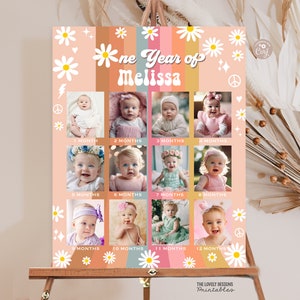 May include: A pink and orange baby's first year photo collage with a daisy pattern and rainbow stripes. The collage features 12 photos of a baby girl from 1 to 12 months old. The text "One Year of Melissa" is at the top of the collage.
