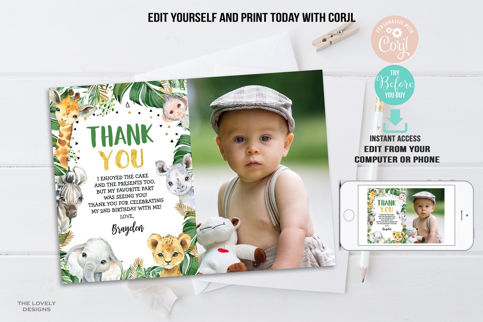 Editable Jungle Thank You Card Jungle Photo Boy Birthday Cards Safari ...