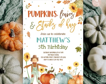 EDITABLE Pumpkin Scarecrow Invitation Blue Pumpkin Birthday Fall Sunflowers Invite Pumpkin Patch Party Thanksgiving PRINTABLE DOWNLOAD