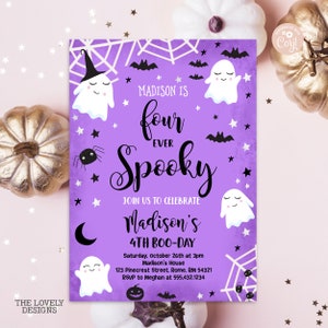 EDITABLE Four ever Spooky Halloween Invitation Purple Spooky Cute Ghost 4th Birthday Invitation Spooktacular Party PRINTABLE DOWNLOAD HBP18