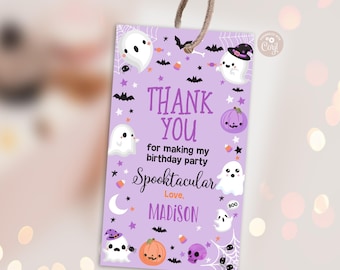 May include: A lavender Halloween-themed gift tag with a brown string. The tag features cartoon ghosts, bats, pumpkins, and the text "THANK YOU for making my birthday party Spooktacular, Love, MADISON."