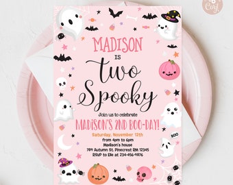 Bearbeitbare zwei gruselige Halloween-Geist-Einladung zum 2.Geburtstag rosa Halloween-gruseliger niedlicher Geist-Spooktakel-Party