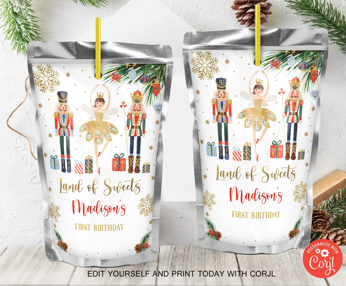 EDITABLE Nutcracker Juice Pouch Label Land of Sweets Sugar Etsy