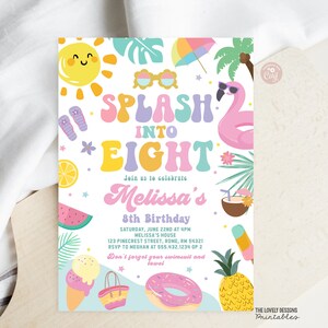 Redigerbar Splash into Eight 8-års poolpartyinbjudan Splish Splash Party Girly Birthday Tropical Summer Party Direktnedladdning PPS
