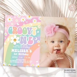 Groovy One 1st Birthday Invitation: Editable Daisy Photo (Printable Download)