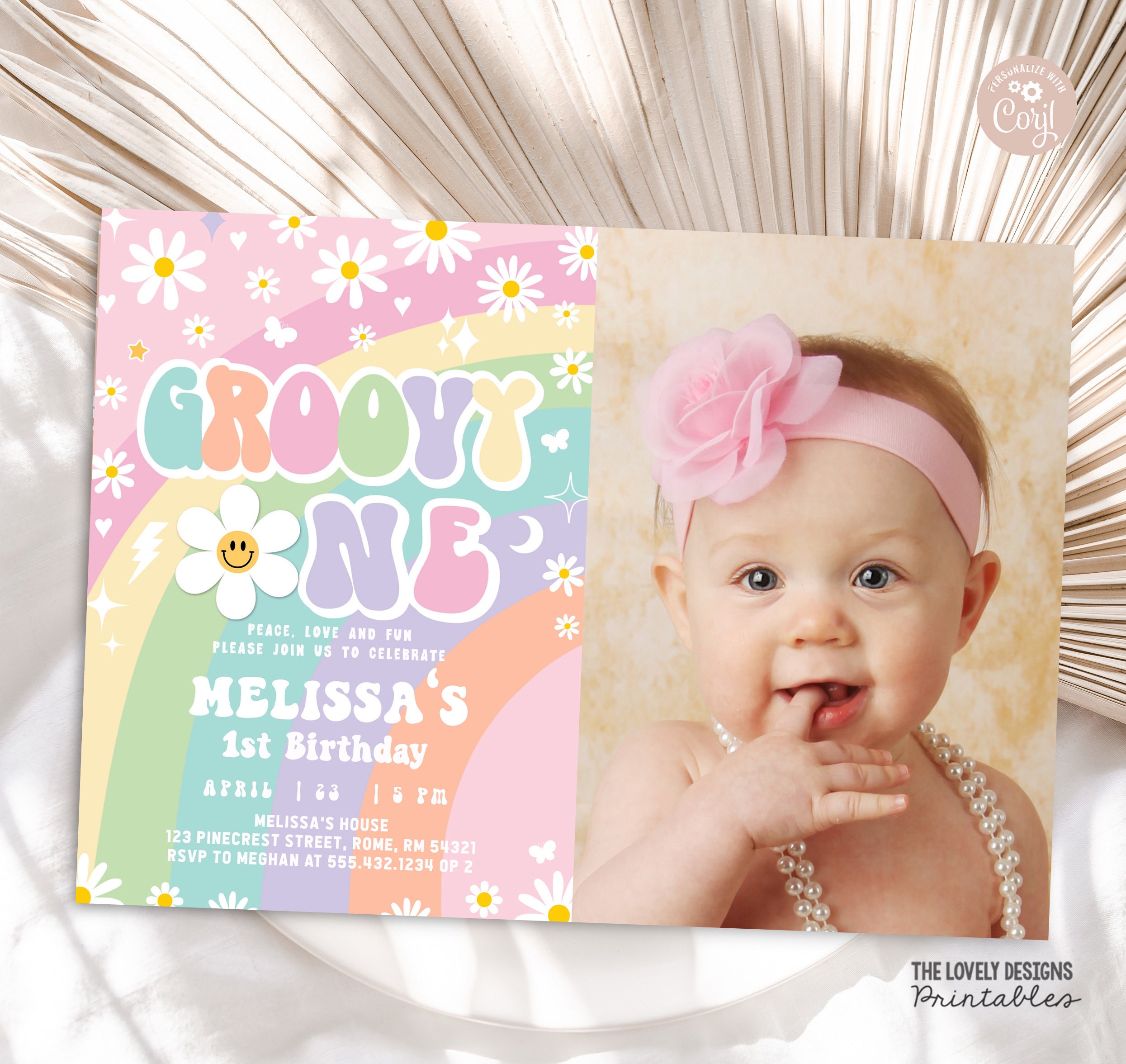 EDITABLE Groovy One Photo Invitation Daisy Groovy 1st Birthday Rainbow ...
