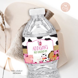 Farm Girl Birthday Water Bottle Label: Editable Barnyard Animals (Printable Download)