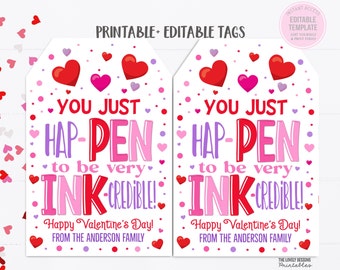 Hap-PEN INK-credible Valentine Tag, Valentine Ink Pen Gift Favor Tags Teacher PTO Co-Worker Staff Employee Valentine Printable Editable Tags