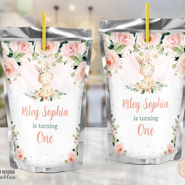 Editable Bunny Juice Pouch Label Bunny Birthday Juice Label Easter Bunny Floral Pink Some Bunny is One Juice Bags PRINTABLE DOWNLOAD BPF4