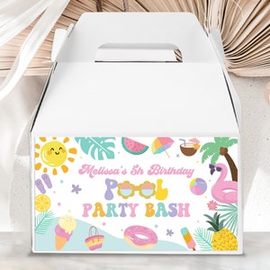 Bearbeitbare Giebel Box Etikett Pool Party Geburtstag Splish Splash Girly Schwimmen Geburtstag Tropischer Sommer Party Favor Bags Printable Download PPS