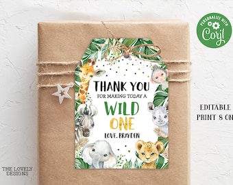 May include: Green, gold, and white thank you tags with jungle animals and the text "Thank You for making today a Wild One Love. Brayden".
