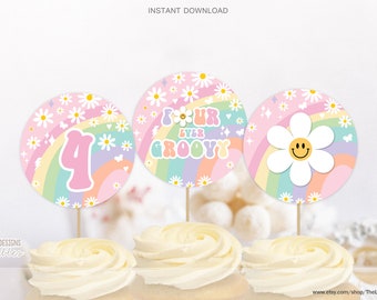 Daisy Four Ever Groovy Cupcake Toppers Groovy 4th Birthday Circles Rainbow Pink Purple Mint Retro Hippie 70s Party DIY INSTANT DOWNLOAD GRP8