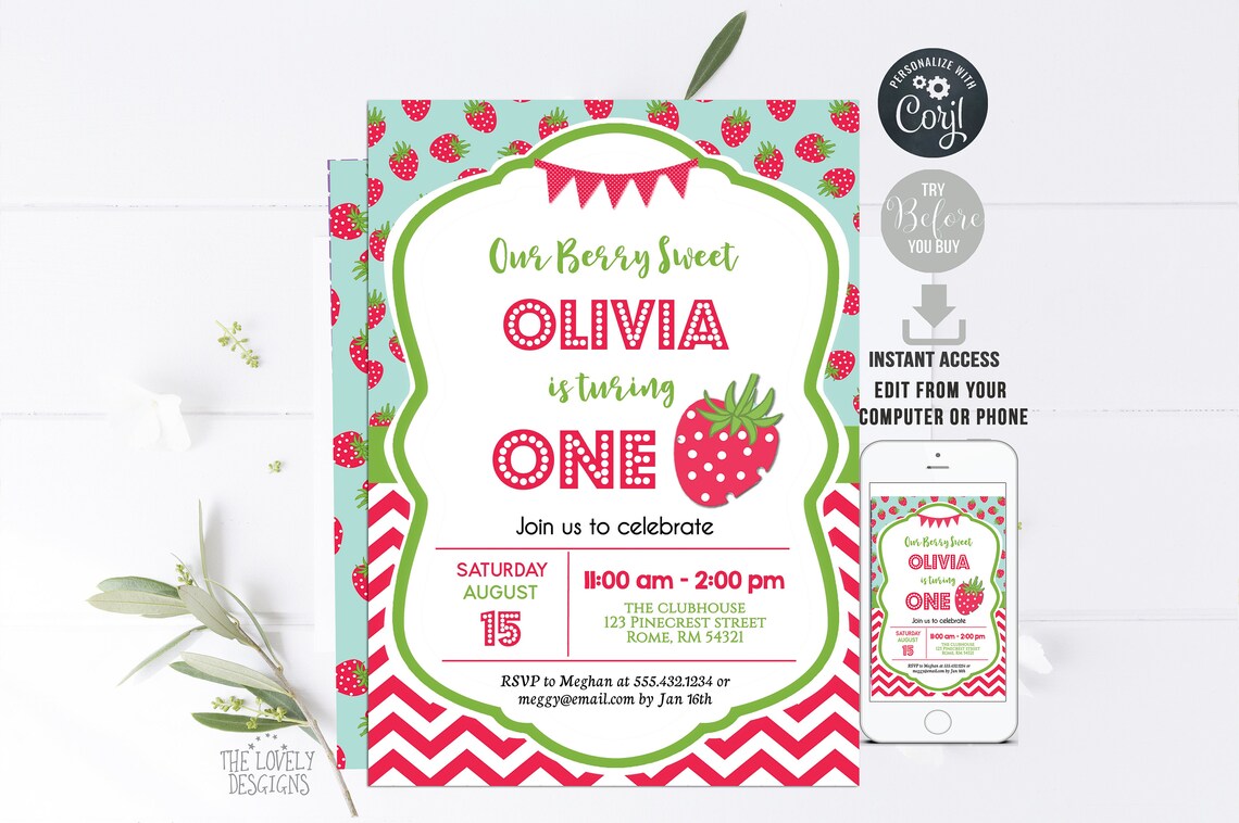 EDITABLE Strawberry Invitation Strawberry Invitation Summer | Etsy