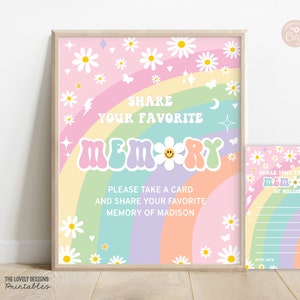BEWERKBARE deel een geheugenkaart teken sjabloon favoriete geheugen groovy verjaardag regenboog roze paars Mint retro hippie jaren '70 afdrukbare DOWNLOAD GRP8