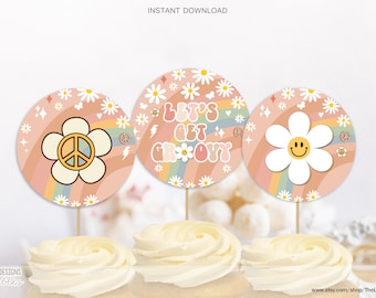 Let's Get Groovy Cupcake Toppers Groovy Birthday Circles Decor Daisy Smile Rainbow Retro Hippie 70's Party Vibes DIY INSTANT DOWNLOAD GRM4