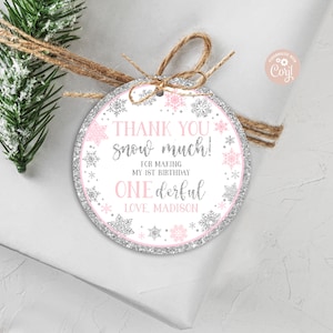 EDITABLE Winter ONEderland Gift Tag 2.5" Winter 1st Birthday Snow Much Circle Tag Snowflakes Pink & Silver Favor Tag PRINTABLE DOWNLOAD SWP2