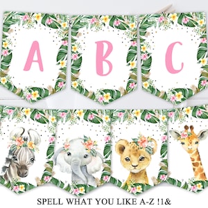 Jungle meisje verjaardagsfeestje bunting banner A-Z alfabet cijfers safaridieren dierentuin jungle Wild One aangepaste banner afdrukbare INSTANT DOWNLOAD