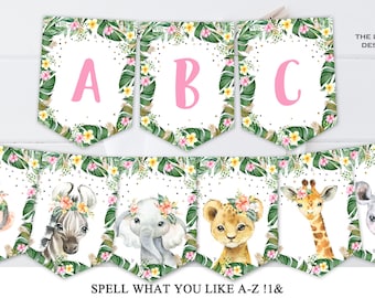 Jungle Girl Birthday Party Bunting Banner A-Z Alphabet Numbers Safari Animals Zoo Jungle Wild One Custom Banner Printable INSTANT DOWNLOAD