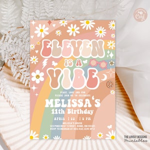 Editable Eleven is A Vibe Groovy 11th Birthday Party Invitation Daisy Rainbow Groovy Rainbow Hippie Retro 70&#39;s Party PRINTABLE DOWNLOAD GRM4