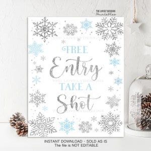 Winter gratis toegang Take a Shot-bord Winter Wonderland-feestbord Wintersneeuwvlokken Blauw en zilver Wintertafelbord INSTANT DOWNLOAD