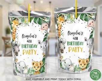 May include: A printable juice box label with a jungle theme. The label features a giraffe, zebra, rhino, elephant, and lion. The text on the label reads "Brayden's 4th Birthday Party".