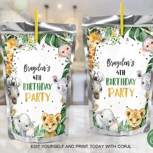 EDITABLE Jungle Juice Pouch Labels Jungle Birthday Party Juice Labels Safari Animals Zoo Jungle boy Labels Juice Bags PRINTABLE DOWNLOAD