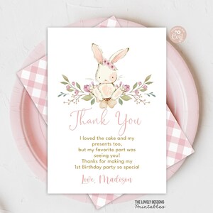 EDITIERBARE Häschen Dankeskarte Bunny Pink Floral Frühling Kaninchen Osterhase Geburtstagsfeier Karte Bunny Danke Notizen DRUCKBARE DOWNLOAD SBF7