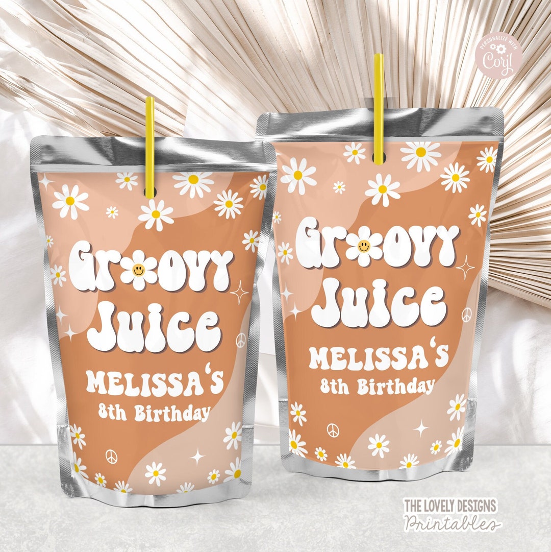 Groovy Juice Pouch Label Editable Groovy Birthday Floral Daisy Party
