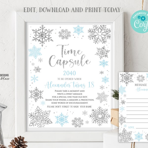 EDITABLE Winter ONEderland Time Capsule Sign Matching Note Cards Winter 1st Birthday Sign Snowflakes Blue and Silver PRINTABLE DOWNLOAD