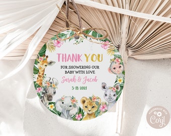 Editable Jungle Gift Tag 2.5" Jungle Girl Baby Shower Favor Round Tags Safari Animals Zoo Circle Favor Tags Jungle Party PRINTABLE DOWNLOAD
