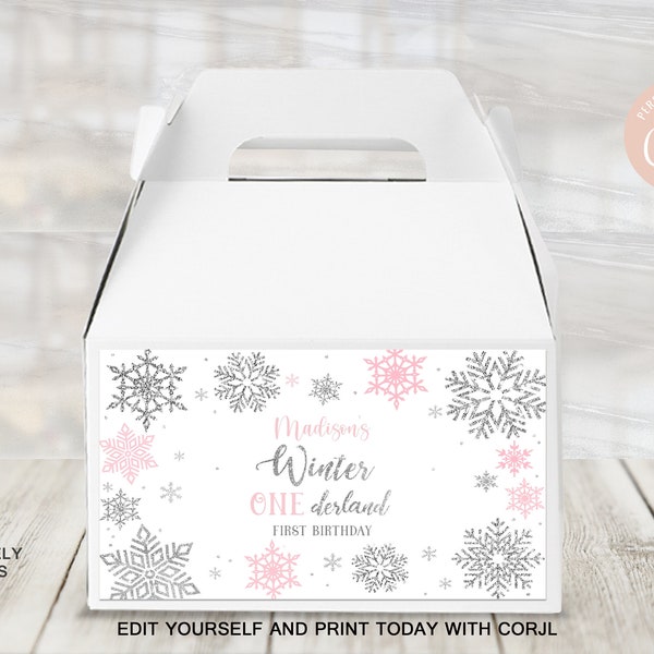 EDITABLE Winter Gable Box Label Winter Onederland Gift Box Snowflakes Pink Silver Winter Wonderland Treat Box Label PRINTABLE DOWNLOAD SWP2