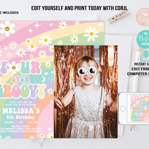 Editable Four Ever Groovy Photo Invitation Daisy Groovy 4th Birthday ...