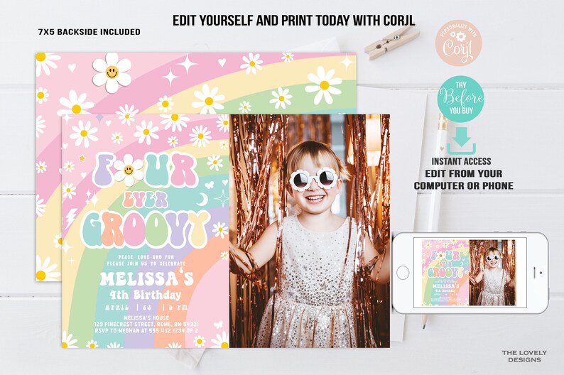 Editable Four Ever Groovy Photo Invitation Daisy Groovy 4th Birthday ...