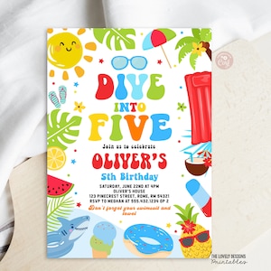May include: A colorful invitation for a 5th birthday party with a summer theme. The invitation features the text "Dive into Five" with a beach scene and a shark, ice cream cone, and donut.