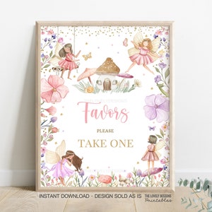 May include: A printable sign with a white background and a pink and purple floral border. The sign says "Favors Please Take One" in gold and pink lettering. There are several fairies and mushrooms in the image.