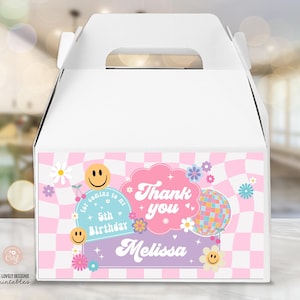 May include: A pink and white favor box with a checkered pattern and a groovy design. The box has a handle and says "Thank you Melissa" and "It's my 5th Birthday".